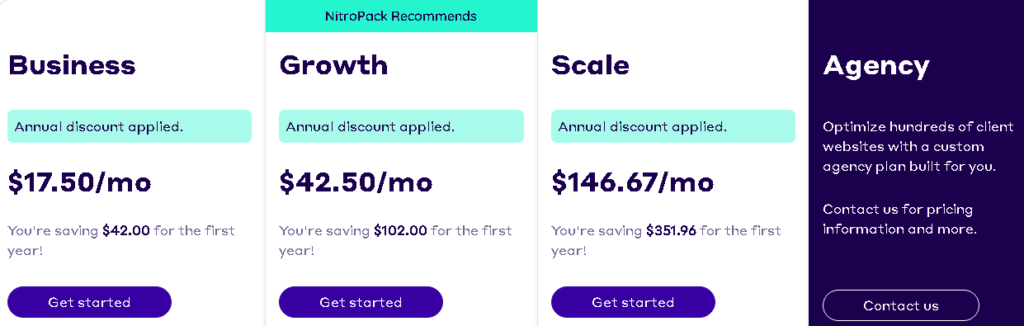 Pricing Table of Nitropack speed optimization plugin 2025