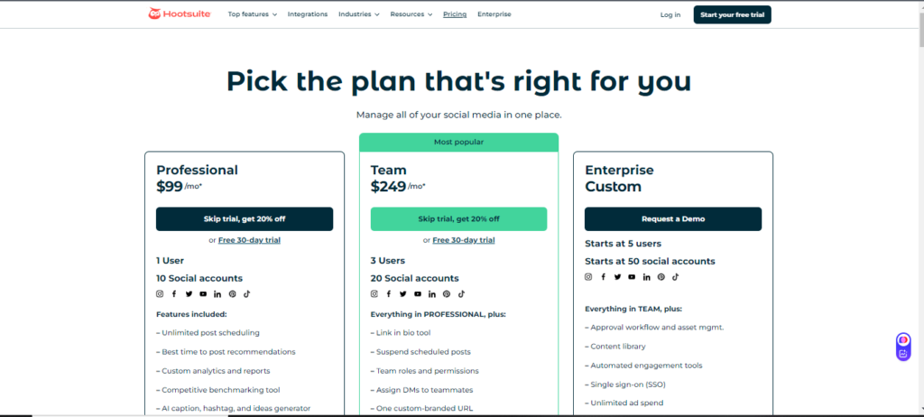 Pricing Plans of Hootsuite 2025