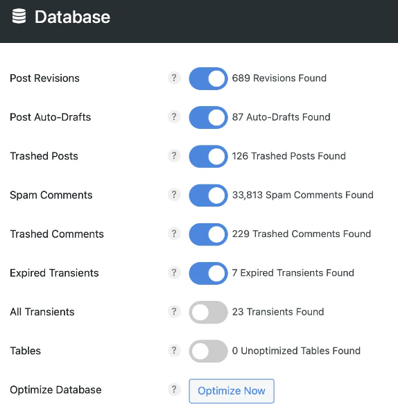 perfmatters settings of database