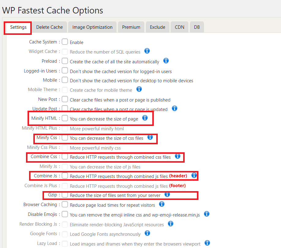 WP Fastest Cache plugins settings