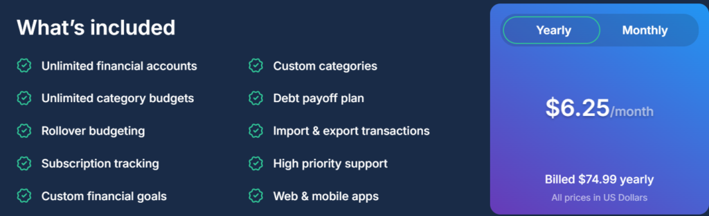 pricing table of pocketguard